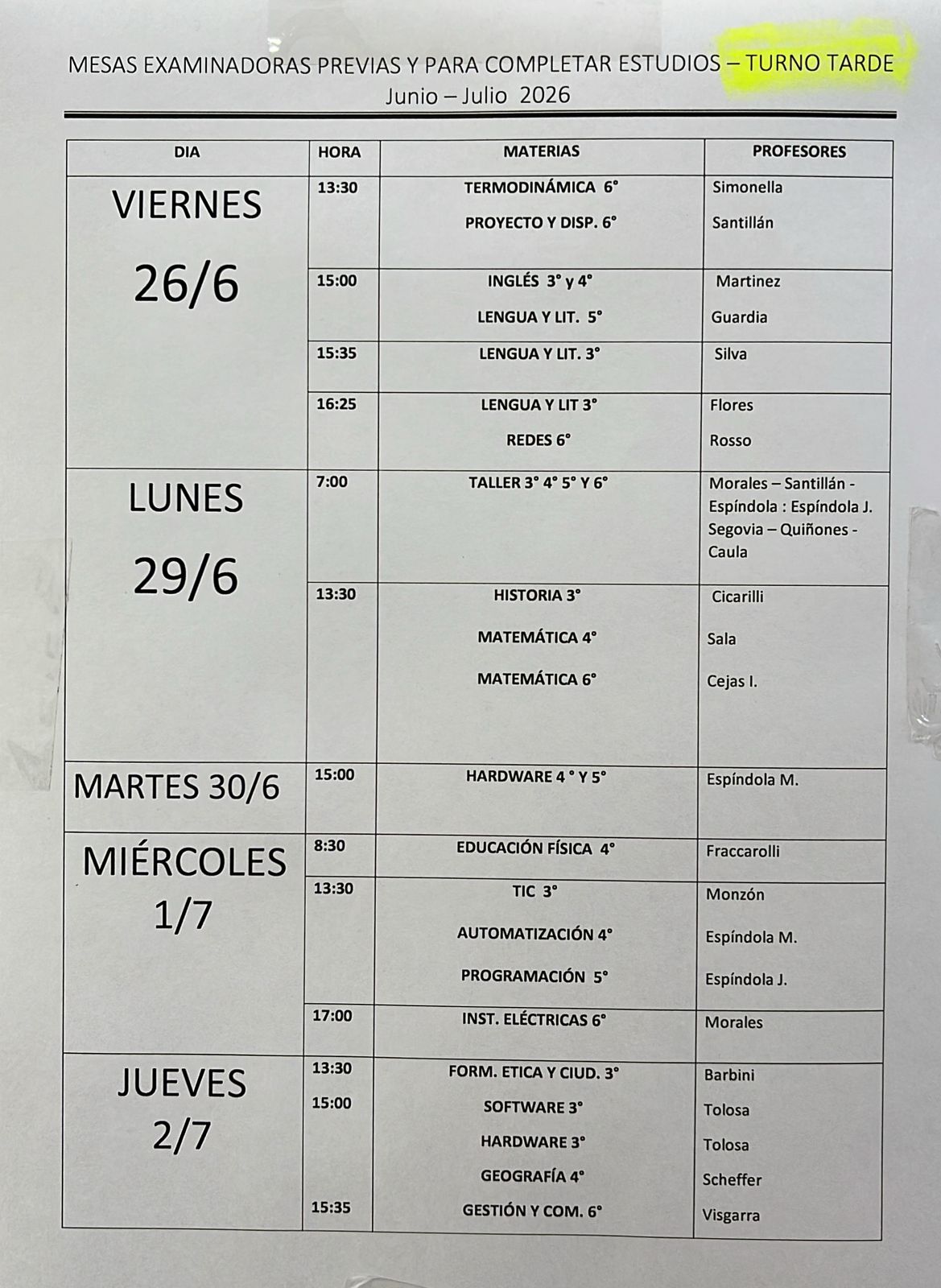 Mesa de exámenes turno tarde